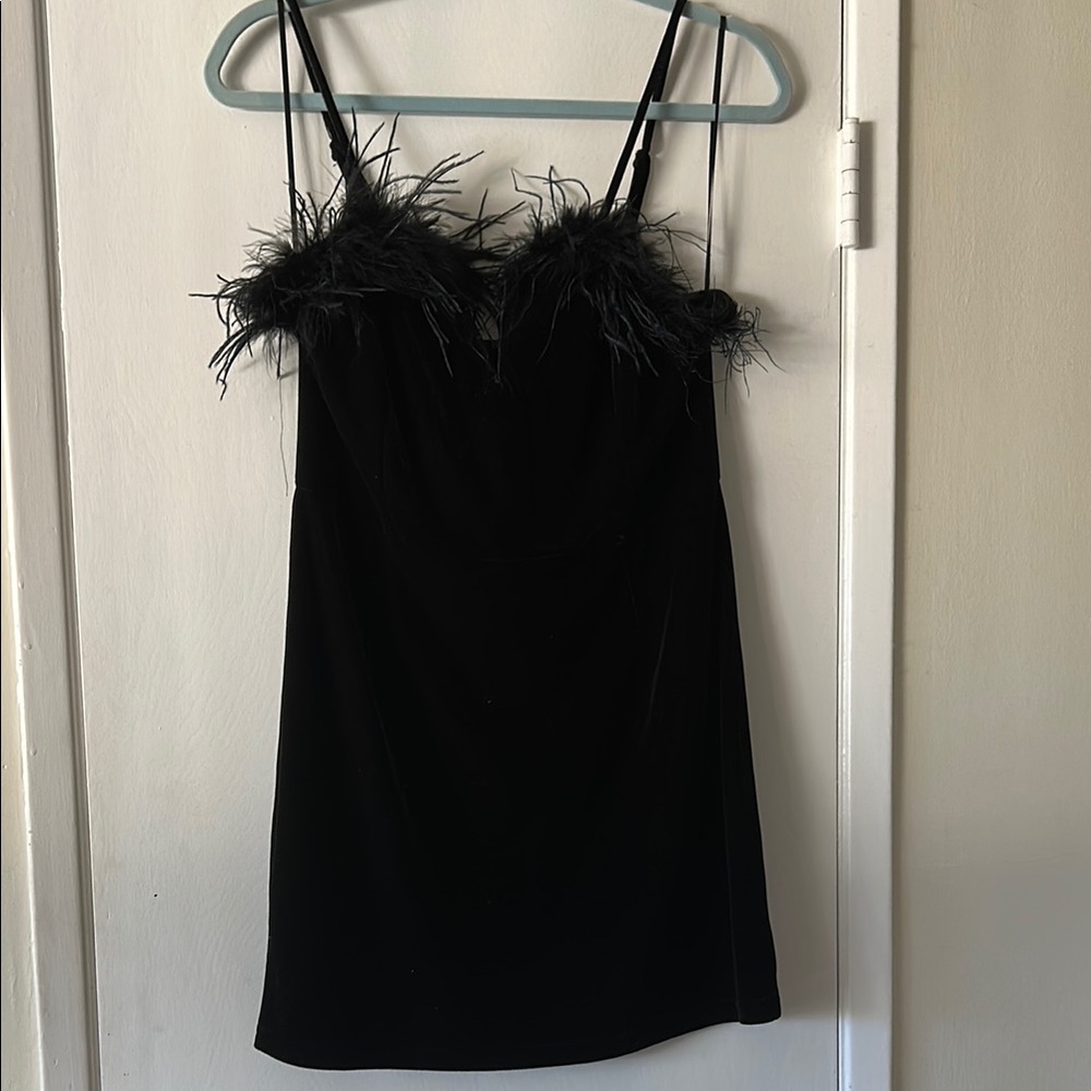 Elegant Black Feather-Trim Mini Dress